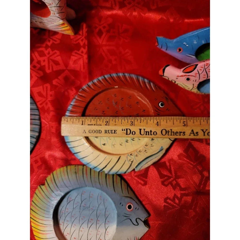 Hand Painted Wooden Fish Napkin Rings Home Decor Set of 6 with 4 Coasters